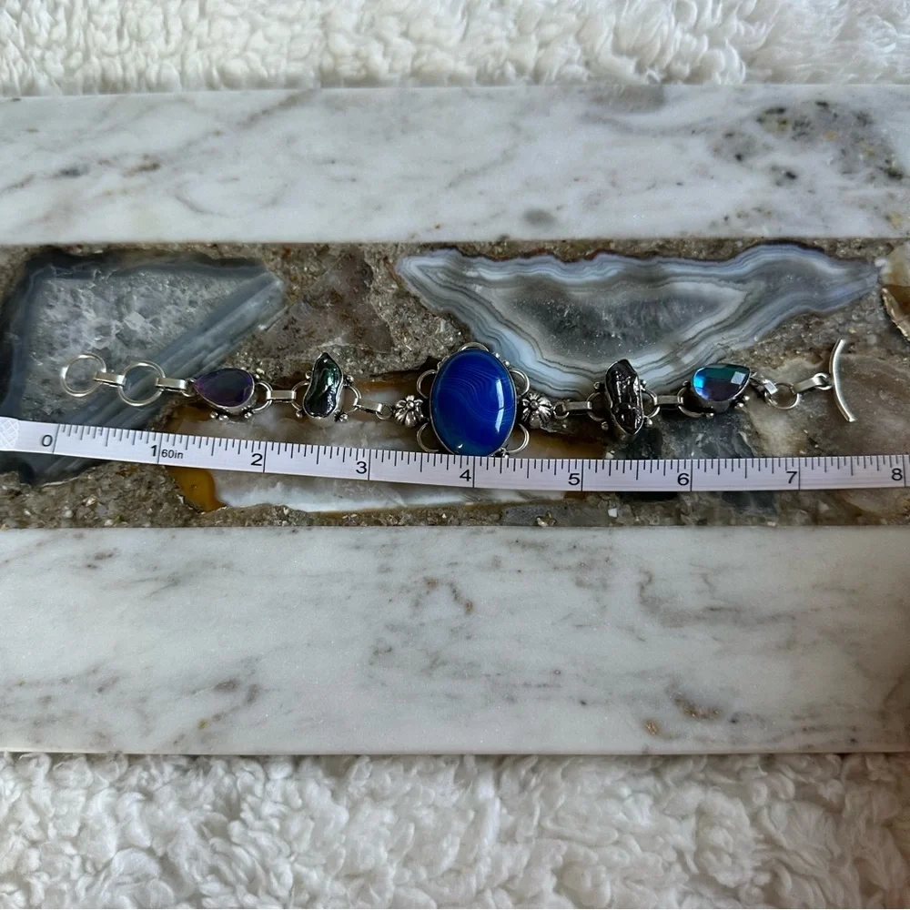 2137 Stunning Blue and Silver Bracelet with Floral Accents